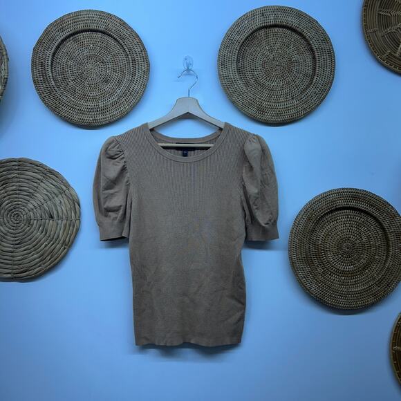 Express Short Sleeve Knit Sweater Large Neutral Brown Puff Sleeve Ribbed Preppy - Picture 1 of 6